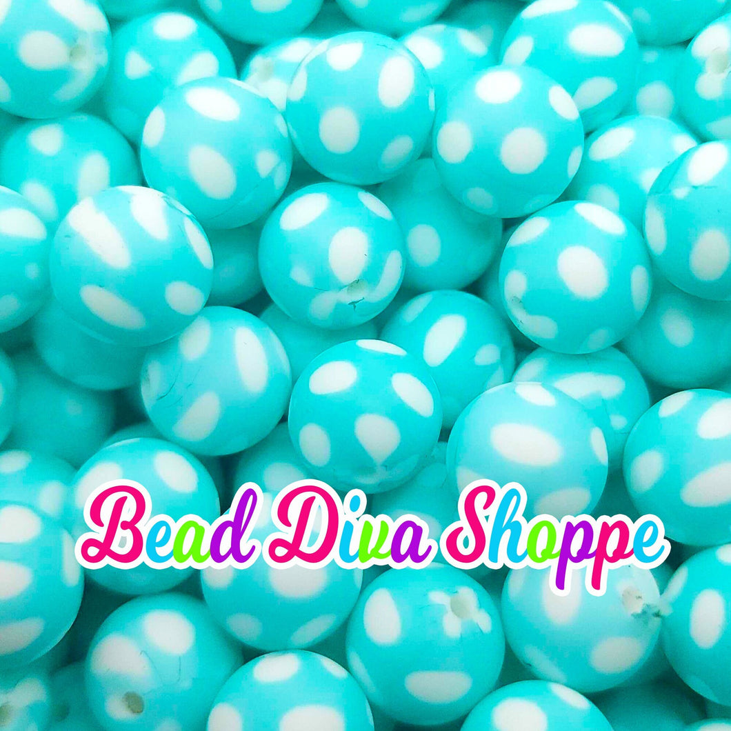 Set of 10 - 15mm - TURQUOISE / WHITE POLKADOTS - Round Silicone Beads for Diy and Jewelry Making Supplies