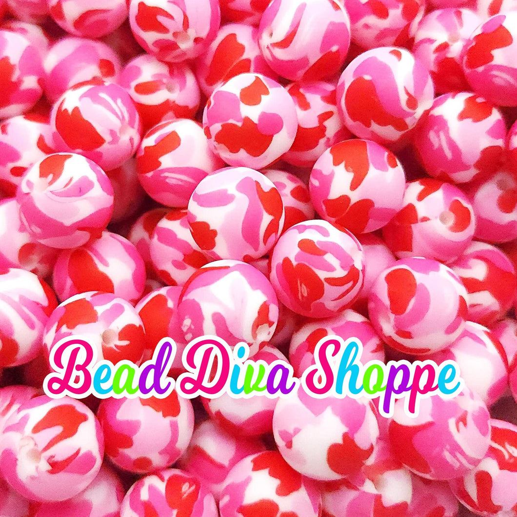 Set of 10 - 15mm - PINK CAMO - Round Silicone Beads for Diy and Jewelry Making Supplies