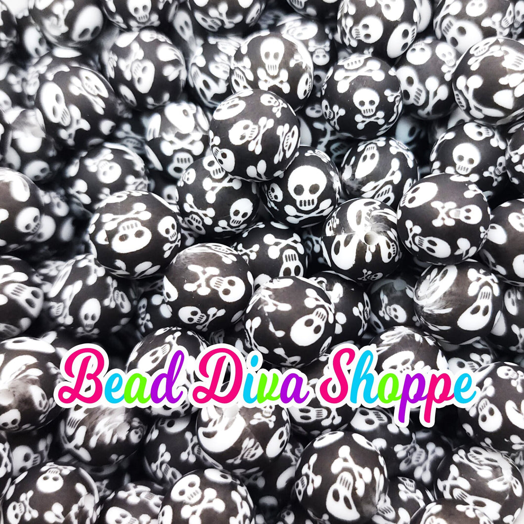 Set of 10 - 15mm - BLACK / WHITE SKULLS - Round Silicone Beads for Diy and Jewelry Making Supplies