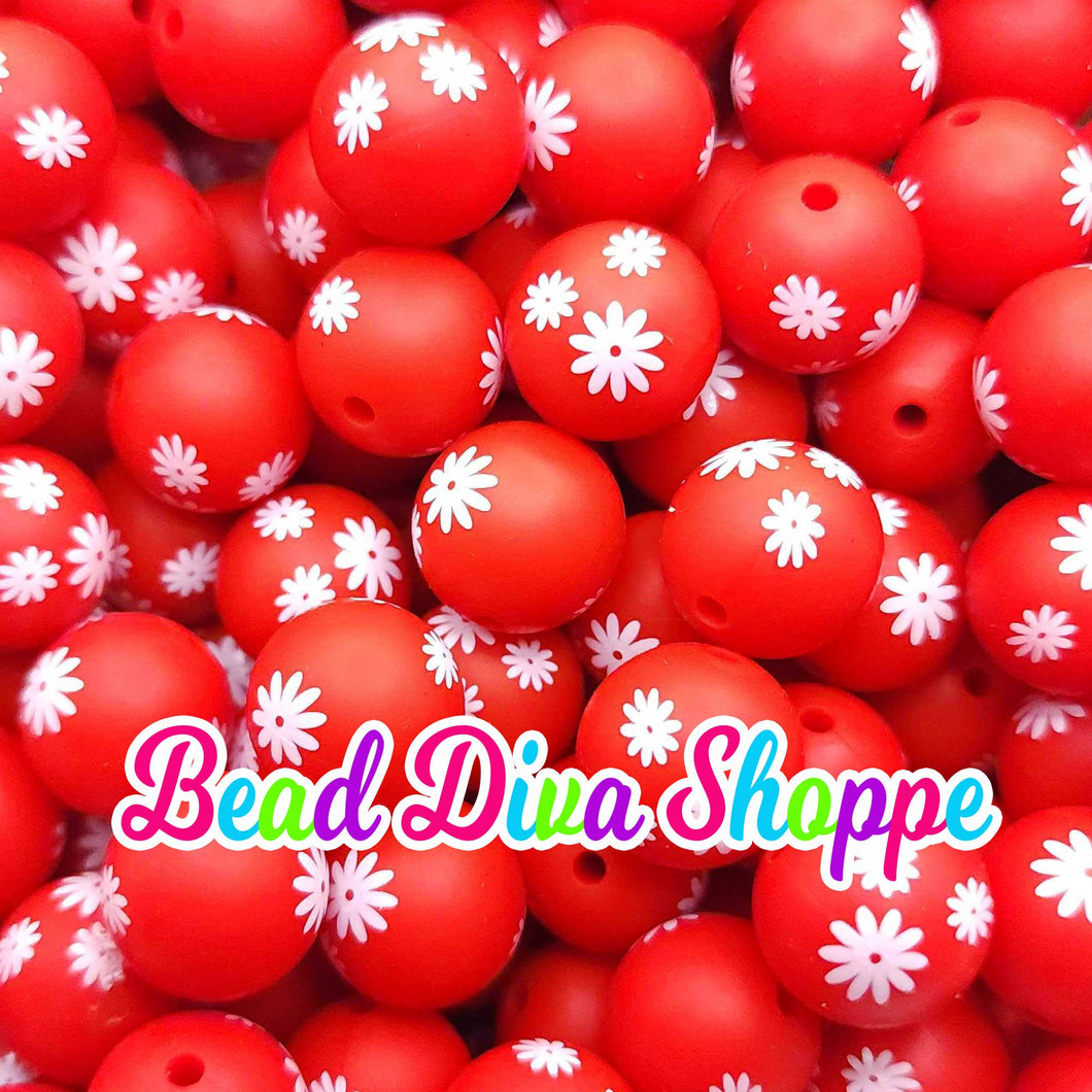 Set of 10 - 15mm - RED W/ WHITE FLOWERS - Round Silicone Beads for Diy and Jewelry Making Supplies