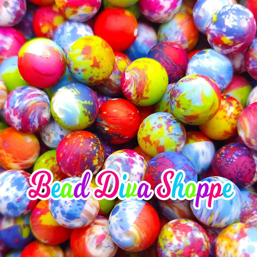 Set of 10 - 15mm - RAINBOW SPLATTER - Round Silicone Beads for Diy and Jewelry Making Supplies