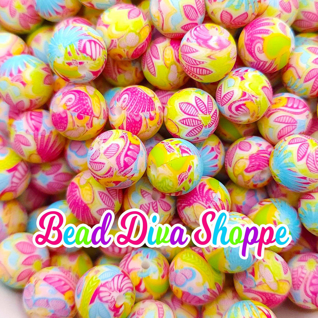 Set of 10 - 15mm - TIKI FLOWERS - Round Silicone Beads for Diy and Jewelry Making Supplies