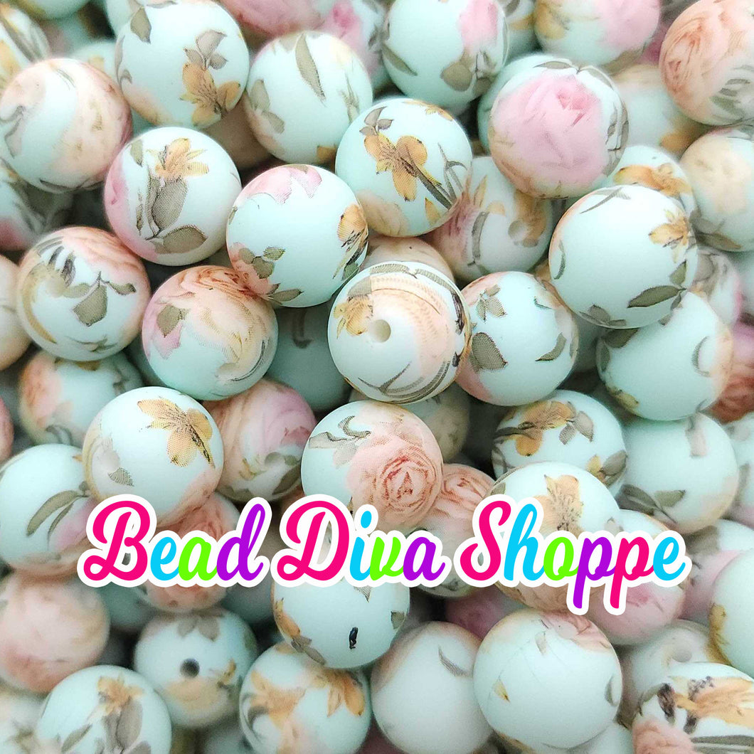 Set of 10 - 15mm - SHABBY CHIC FLORAL - Round Silicone Beads for Diy and Jewelry Making Supplies