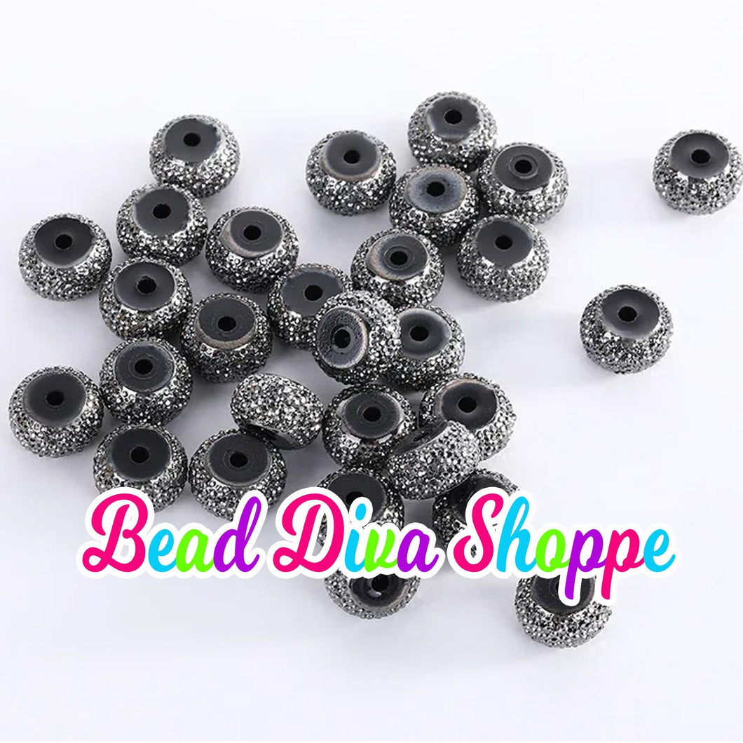 12mm - SET of 10 - BLACK -  Acrylic Rondelle Flat Rhinestone Spacer Beads - Round Beads for Diy and Jewelry Making Supplies