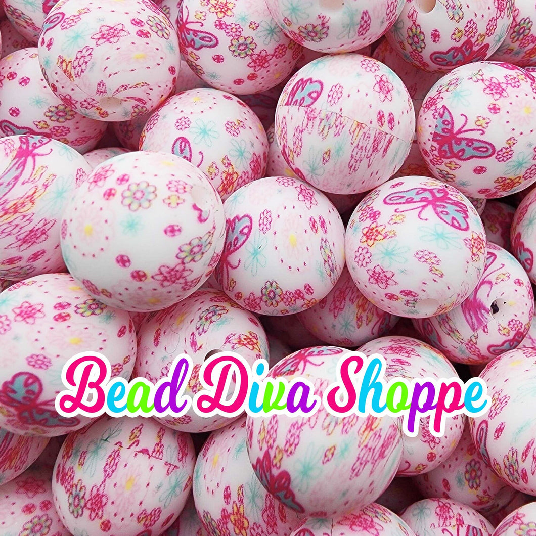 Set of 10 - 15mm - BUTTERFLIES and FLOWERS - Round Silicone Beads for Diy and Jewelry Making Supplies