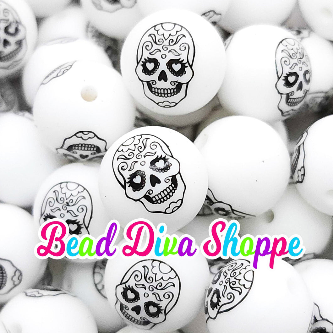 Set of 10 - 15mm - SUGAR SKULLS - Round Silicone Beads for Diy and Jewelry Making Supplies