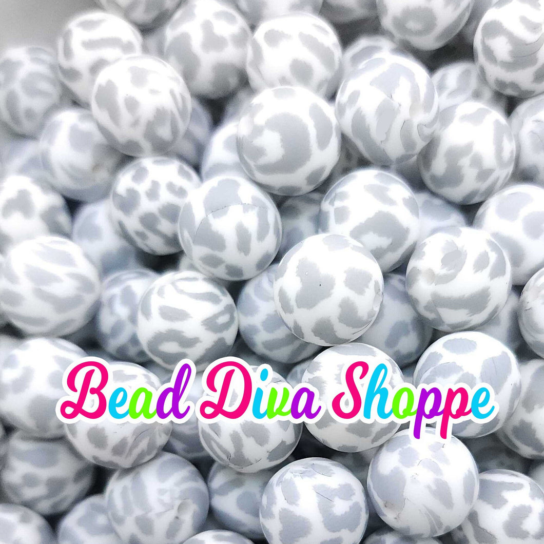 Set of 10 - 15mm - GRAY CHEETAH - Round Silicone Beads for Diy and Jewelry Making Supplies