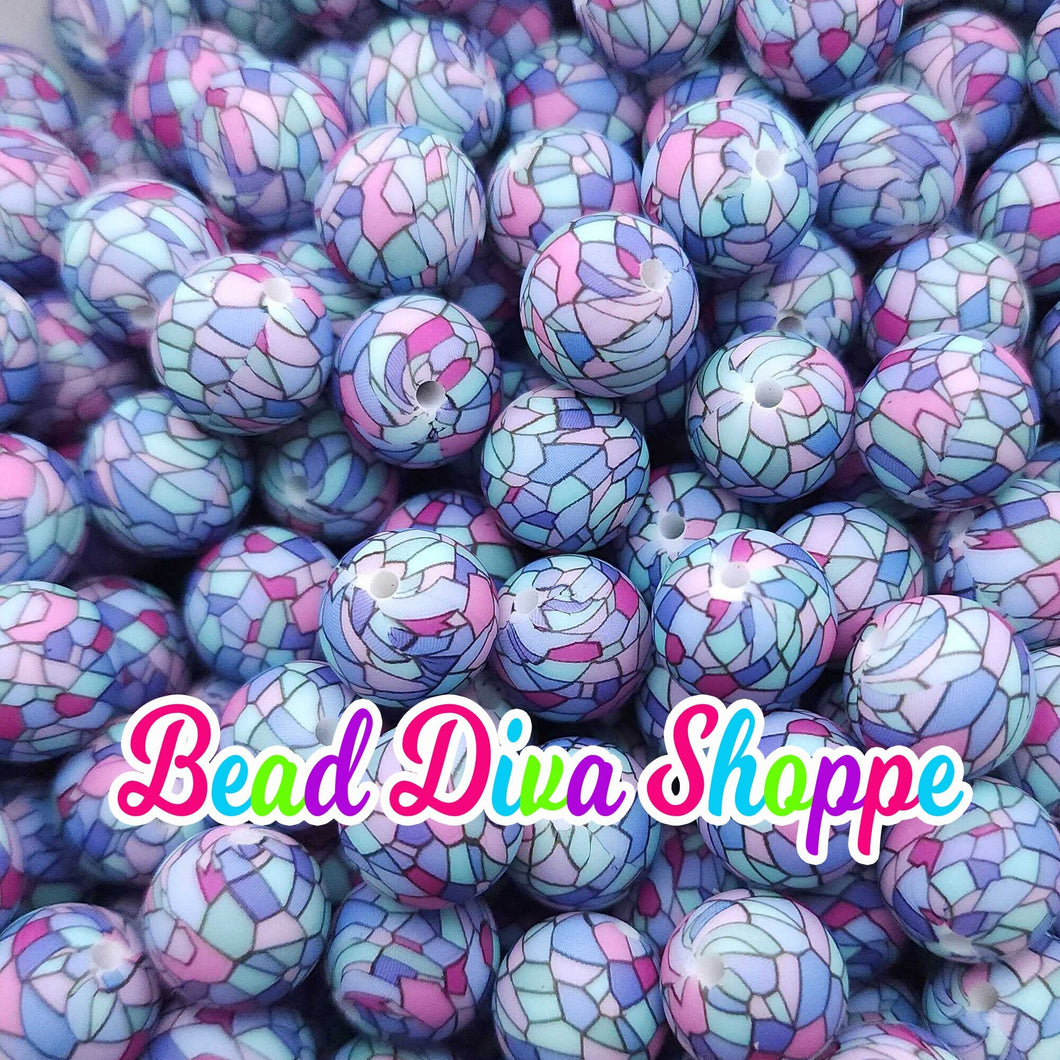 Set of 10 - 15mm - BLUE PURPLE MOSSAIC - Round Silicone Beads for Diy and Jewelry Making Supplies