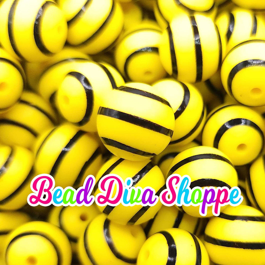 Set of 10 - 15mm - YELLOW/BLACK STRIPES - Round Silicone Beads for Diy and Jewelry Making Supplies