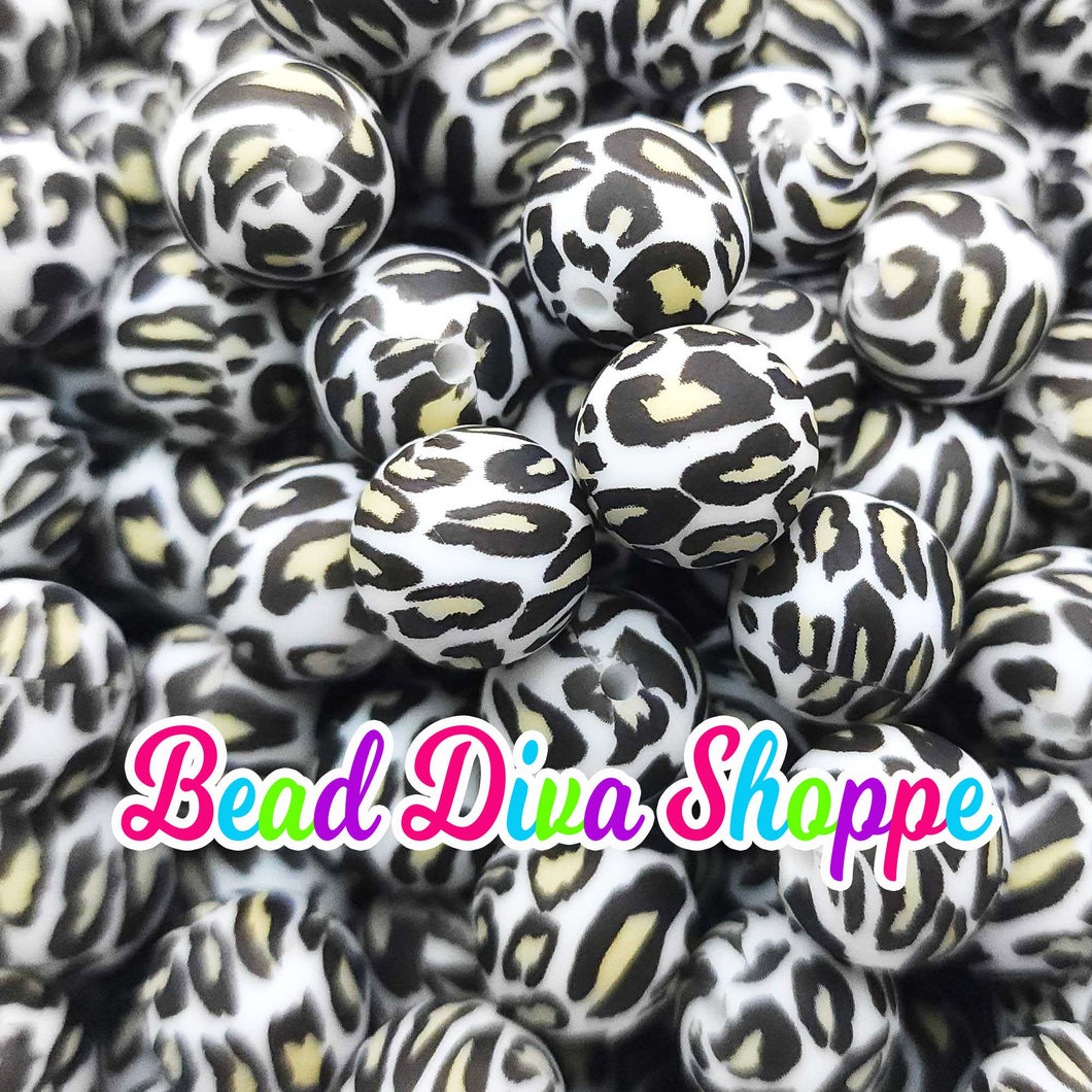 Set of 10 - 15mm - WHITE/TAN CHEETAH Print - Round Silicone Beads for Diy and Jewelry Making Supplies