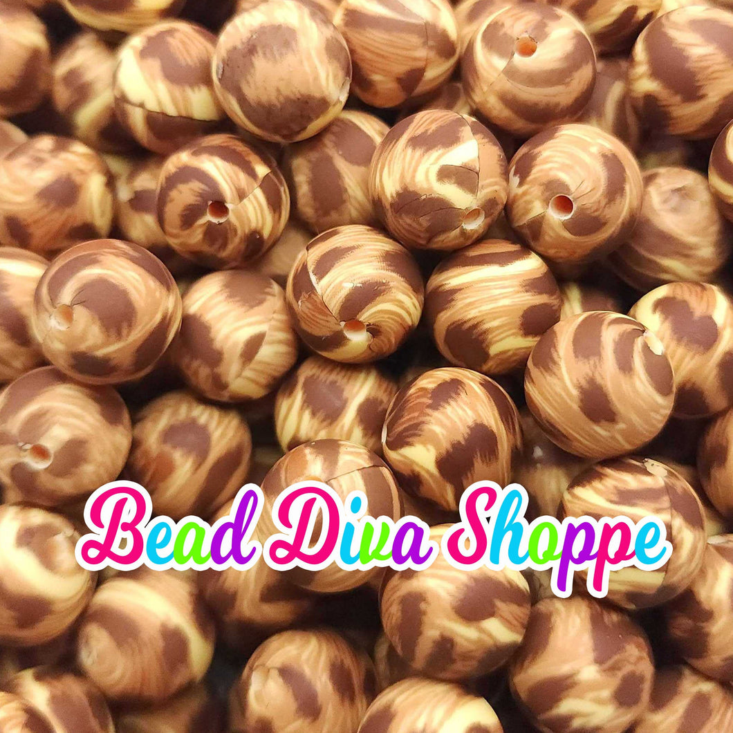 Set of 10 - 15mm - BROWN/TAN CHEETAH Print - Round Silicone Beads for Diy and Jewelry Making Supplies