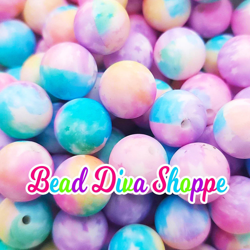 Set of 10 - 15mm - PASTEL Starry Tye dye - Round Silicone Beads for Diy and Jewelry Making Supplies