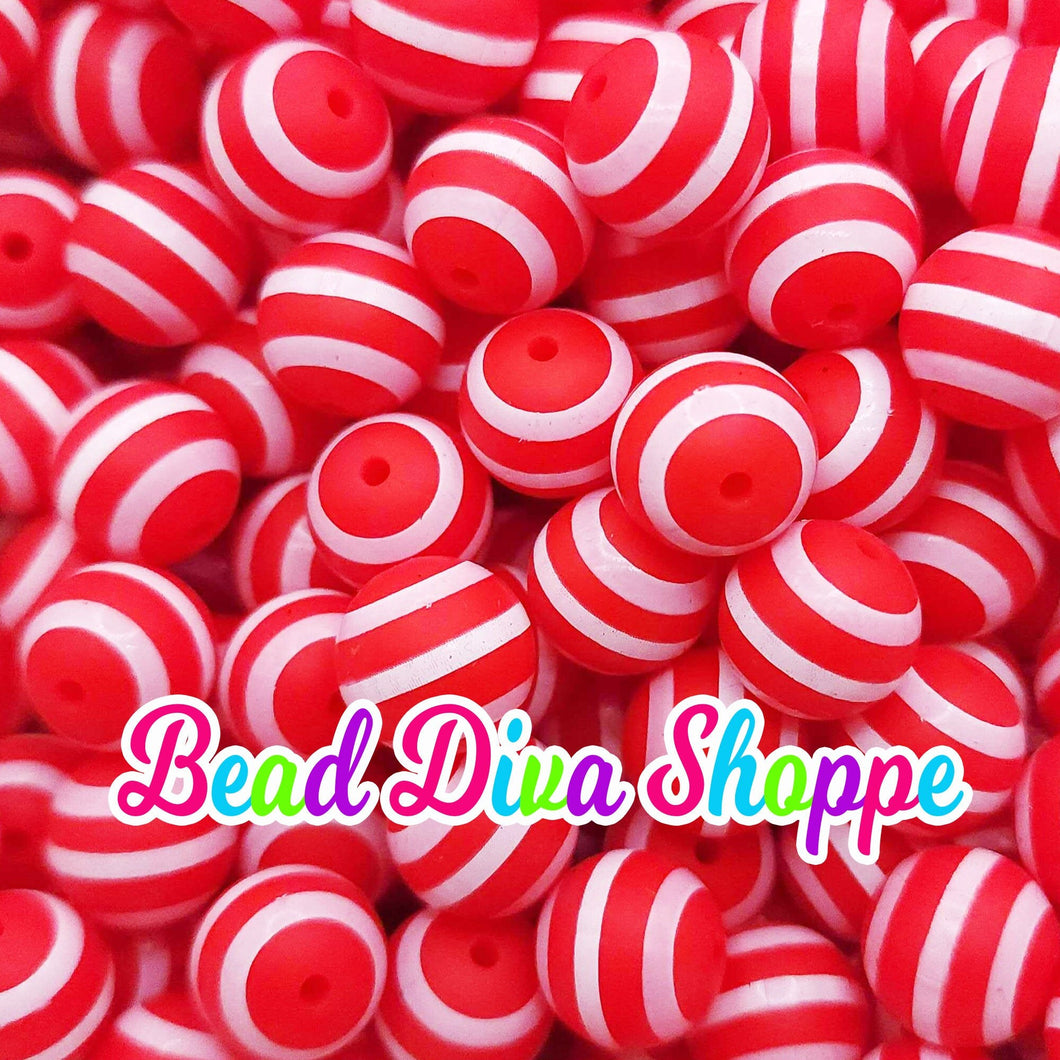 Set of 10 - 15mm - RED/WHITE STRIPES - Round Silicone Beads for Diy and Jewelry Making Supplies