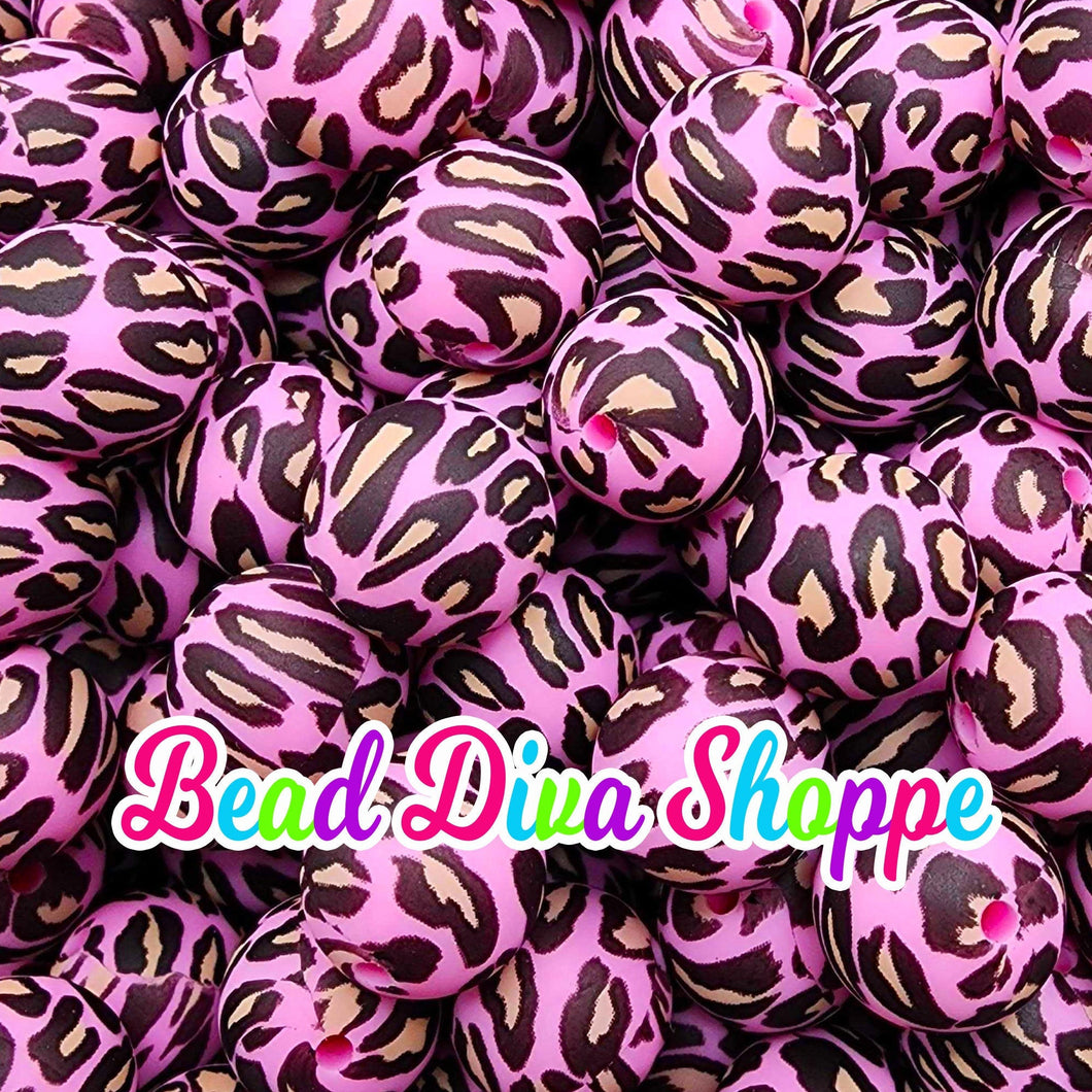 Set of 10 - 15mm - PINK/TAN CHEETAH - Round Silicone Beads for Diy and Jewelry Making Supplies