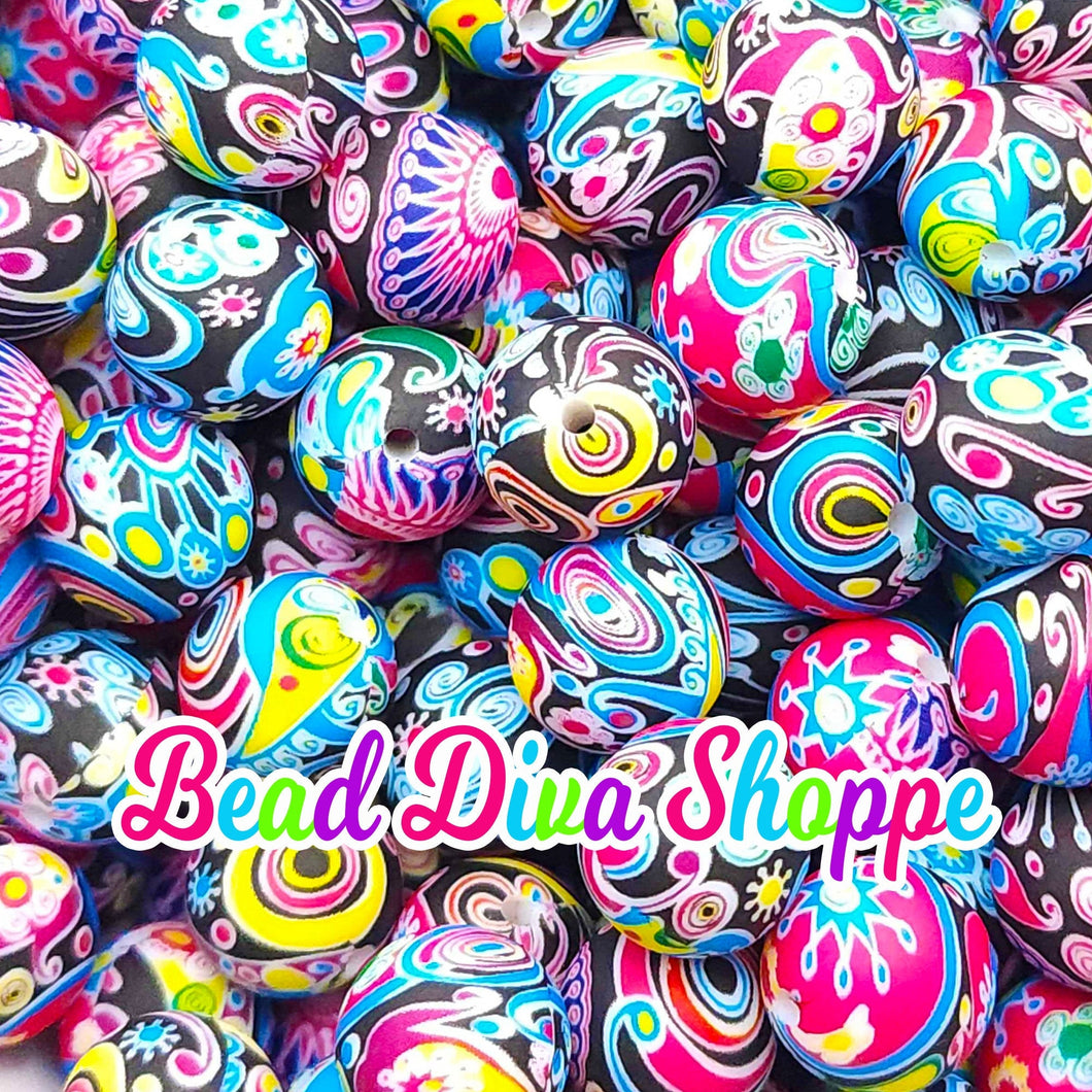 Set of 10 - 15mm - COLORFUL PAISLEY - Round Silicone Beads for Diy and Jewelry Making Supplies