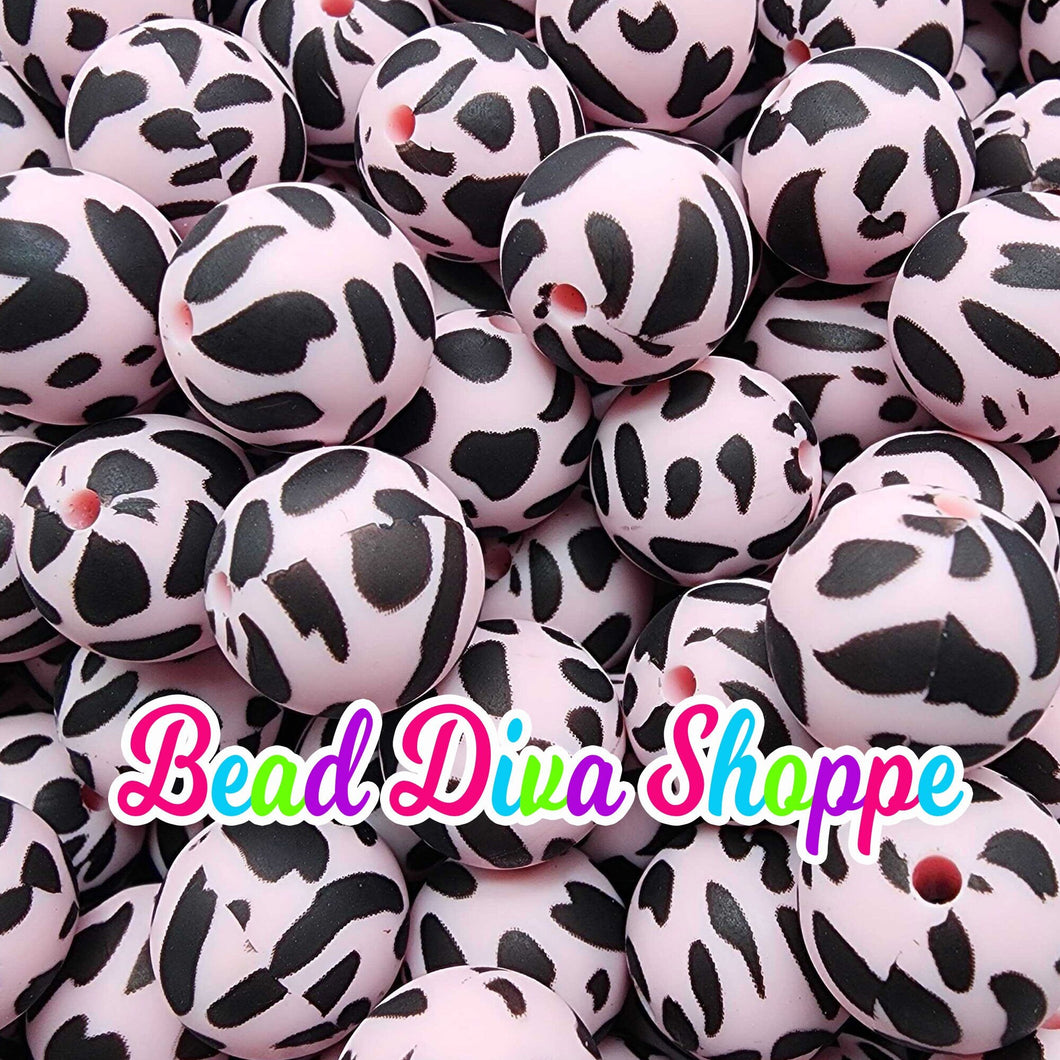 Set of 10 - 15mm - PINK BLACK COW PRINT - Round Silicone Beads for Diy and Jewelry Making Supplies