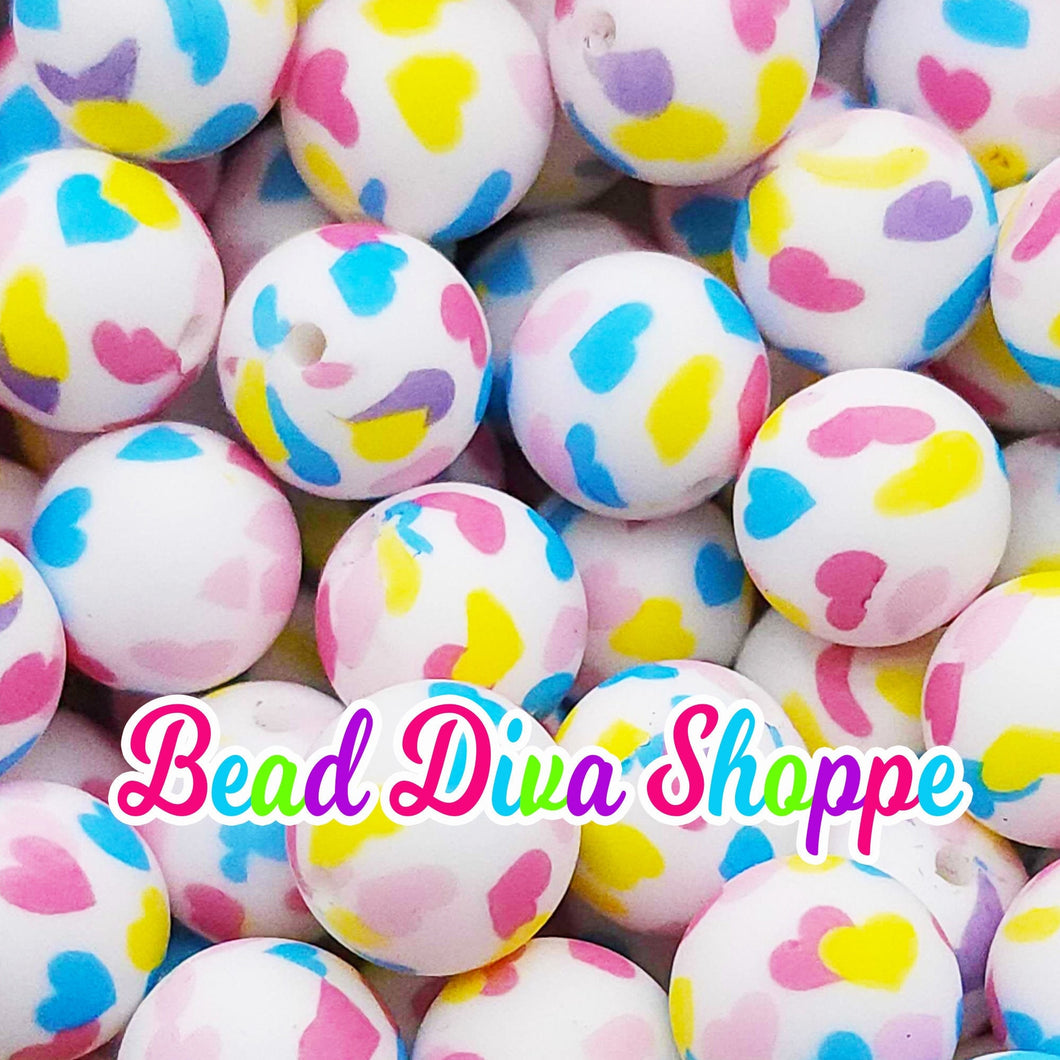 Set of 10 - 15mm - COLORFUL HEARTS - Round Silicone Beads for Diy and Jewelry Making Supplies