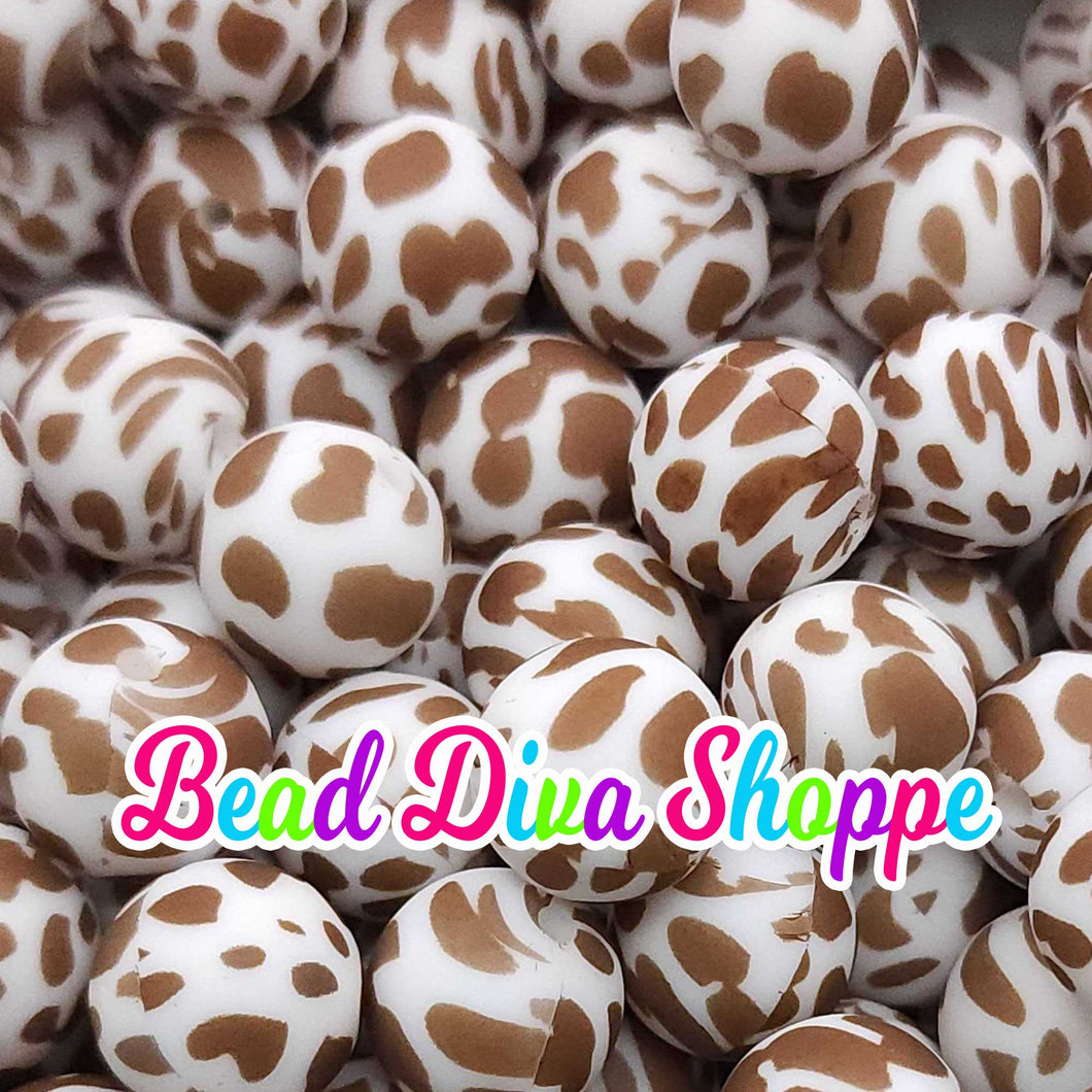 Set of 10 - 15mm - BROWN COW PRINT - Round Silicone Beads for Diy and Jewelry Making Supplies