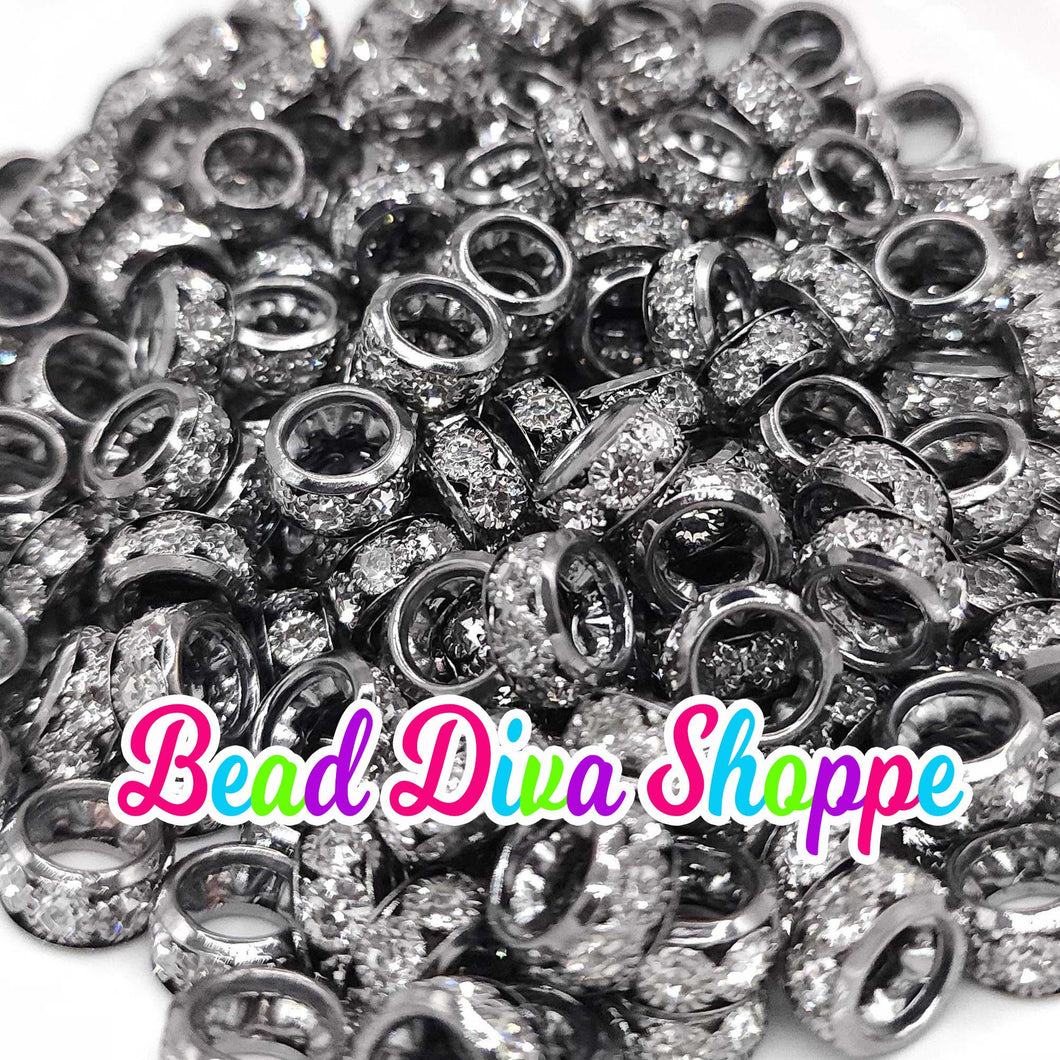 12mm - SET of 10 - BLACK -  Big Holes Crystal Rhinestone Spacer Rondelles Bead for Diy and Jewelry Making Supplies