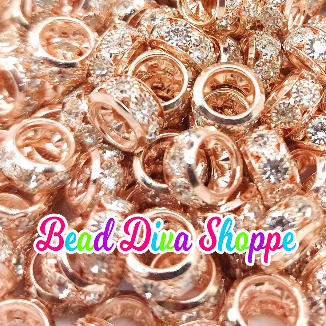 12mm - SET of 10 - ROSE GOLD -  Big Holes Crystal Rhinestone Spacer Rondelles Bead for Diy and Jewelry Making Supplies