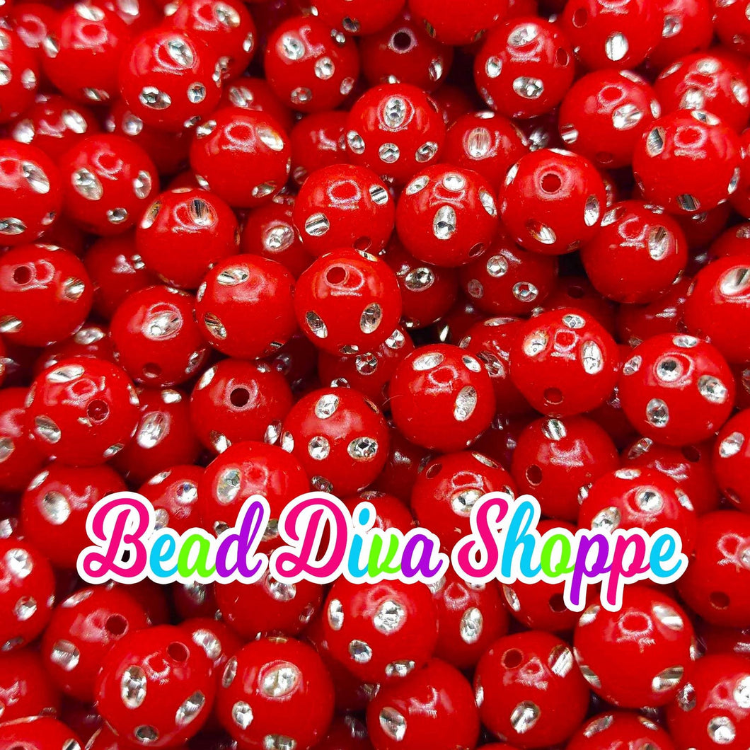 12mm - Set of 50 -  RED Bling Beads - Bubblegum - Rhinestone -   Acrylic Beads for DIY and Jewelry Making Supplies