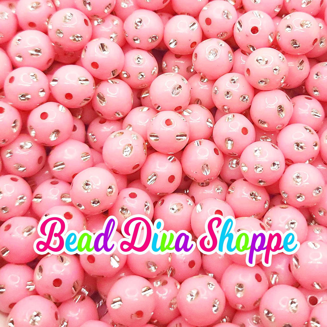 12mm - Set of 50 - LIGHT PINK Bling Beads - Bubblegum - Rhinestone -   Acrylic Beads for DIY and Jewelry Making Supplies