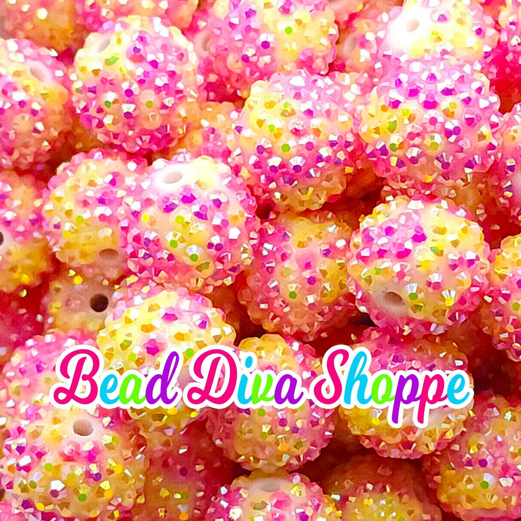 20mm - Hot Pink and Yellow AB Rhinestone Beads - Bubblegum - Round Acrylic Beads for diy and Jewelry Making Supplies