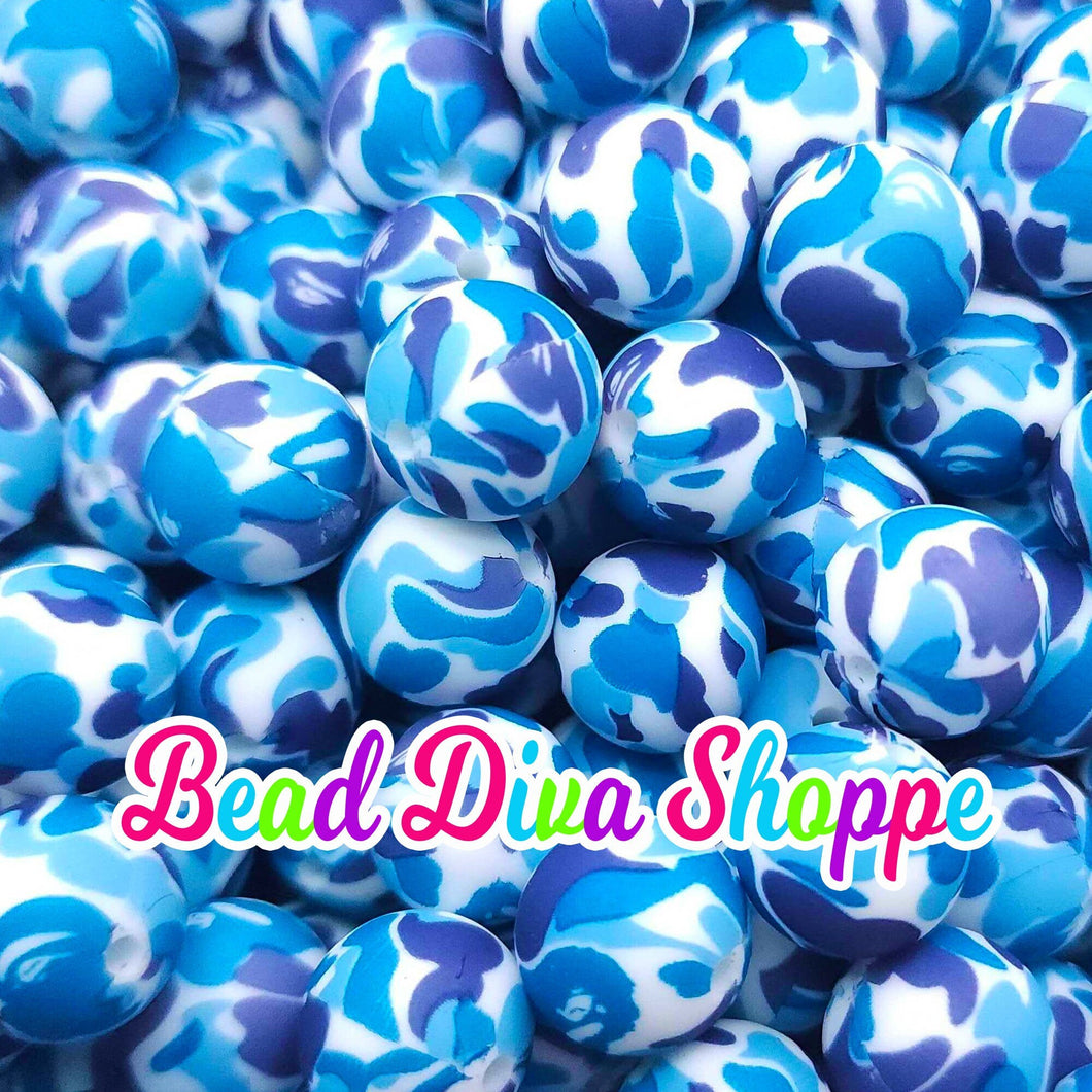 Set of 10 - 15mm - BLUE CAMOUFLAGE  - Round Silicone Beads for Diy and Jewelry Making Supplies