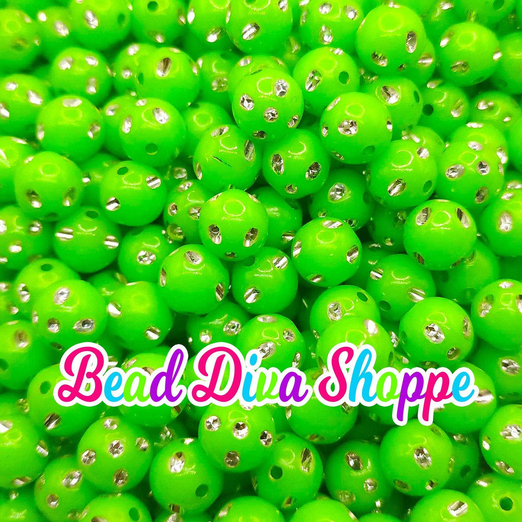 12mm - Set of 50 -  LIME GREEN Bling Beads - Bubblegum - Rhinestone -   Acrylic Beads for DIY and Jewelry Making Supplies