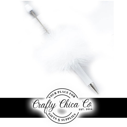 Set of 2 - WHITE FLUFFY / POMPOM Pens - Beadable - Supplies - Diy Jewelry Making - Gifts