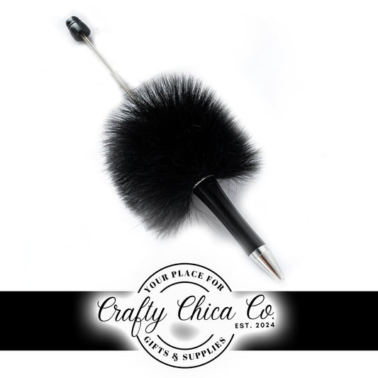 Set of 2 - BLACK FLUFFY / POMPOM Pens - Beadable - Supplies - Diy Jewelry Making - Gifts
