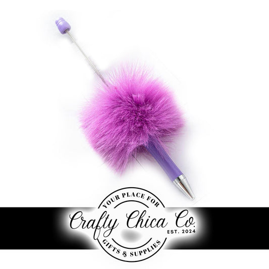 Set of 2 - PURPLE FLUFFY / POMPOM Pens - Beadable - Supplies - Diy Jewelry Making - Gifts