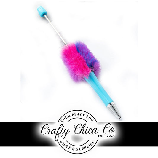 Set of 2 - Purple / Hot Pink / Blue - FLUFFY / POMPOM Pens - Beadable - Supplies - Diy Jewelry Making - Gifts