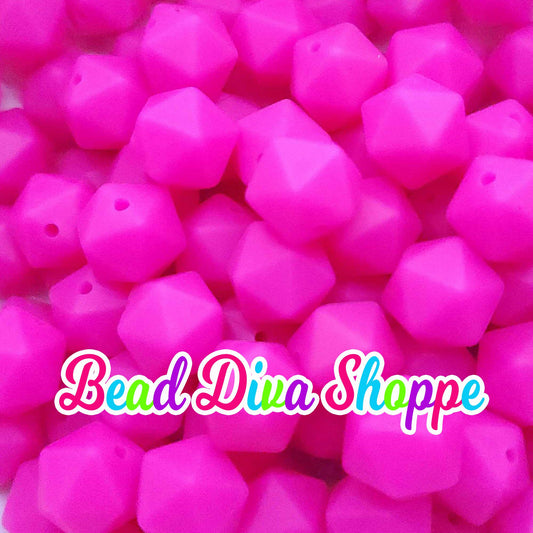Set of 10 - 14mm - BRIGHT HOT PINK Hex - Silicone Beads - for Diy and Jewelry Making Supplies