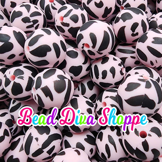 Set of 10 - 15mm - PINK BLACK COWPRINT - Round Silicone Beads for Diy and Jewelry Making Supplies