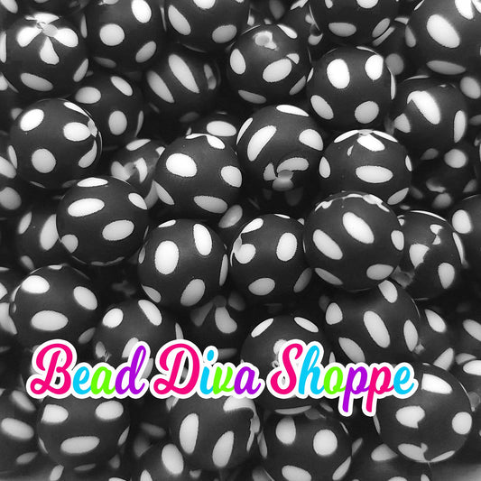 Set of 10 - 15mm - BLACK / WHITE DOTS - Round Silicone Beads - Diy Jewelry Making - Beaded Pens - Keychains - Bracelets
