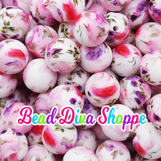 Set of 10 - 15mm - SHABBY CHIC FLOWERS - Purples / Pinks - Round Silicone Beads - Diy Jewelry Making - Beaded Pens - Keychains - Bracelets