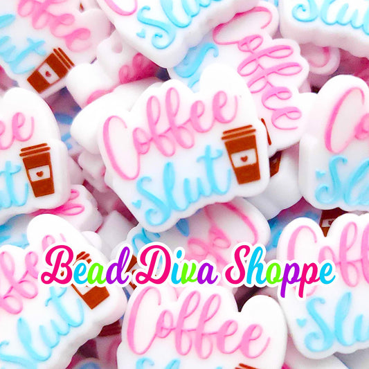 Set of 2 - 28mm x 23mm - COFFEE SLUT - Focal  Beads - DIY Jewelry Making - Beaded Pens - Keychains - Bracelets