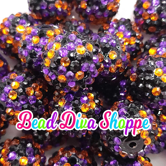 20mm - PURPLE / BLACK / ORANGE - Rhinestone Beads - Bubblegum - Chunky - Round Acrylic Beads for Diy and Jewelry Making Supplies