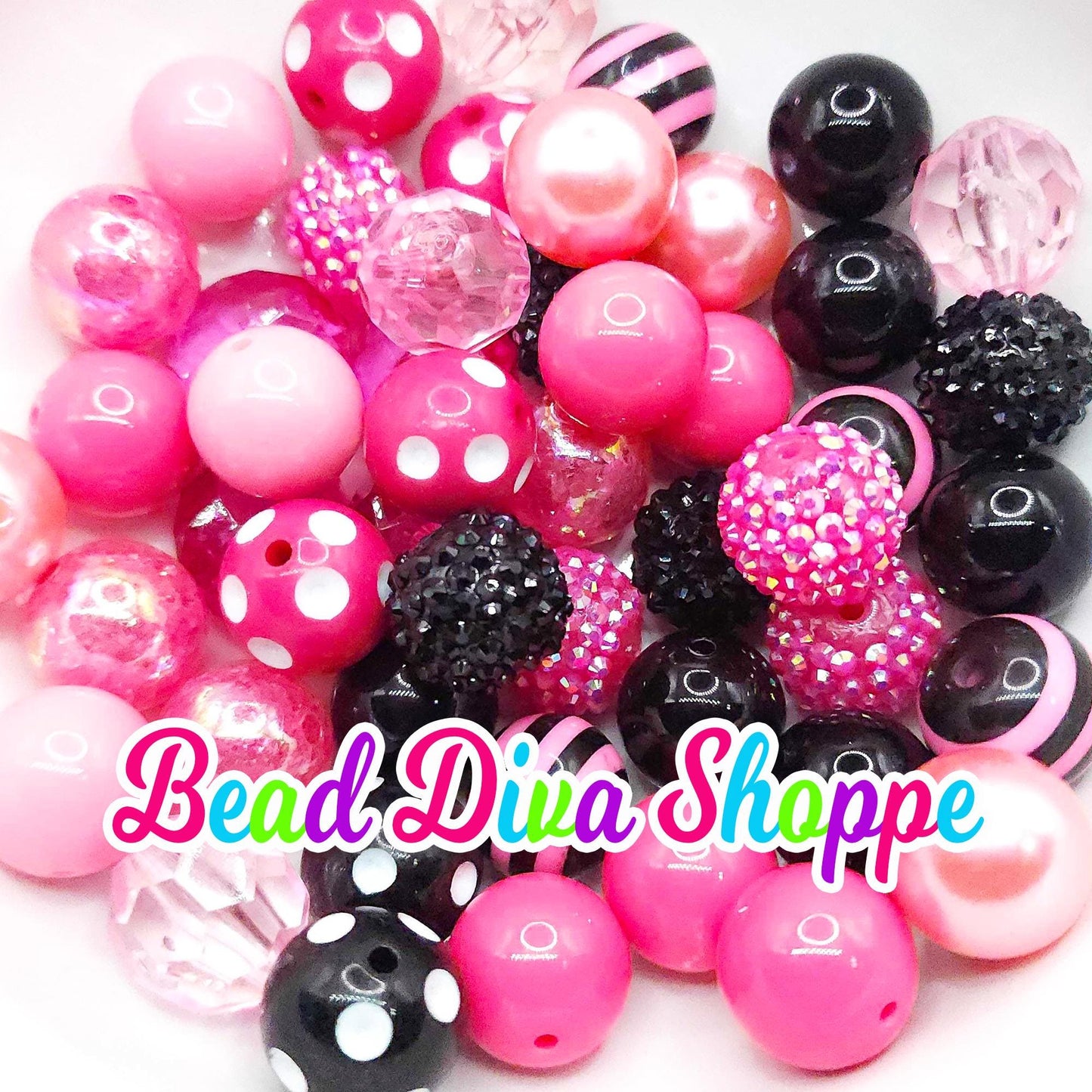 Set of 24 - 20mm -  Hot PINK / PINK / BLACK / White - Bead Mix - Bubblegum - Round Acrylic Beads for Diy and Jewelry Making Supplies
