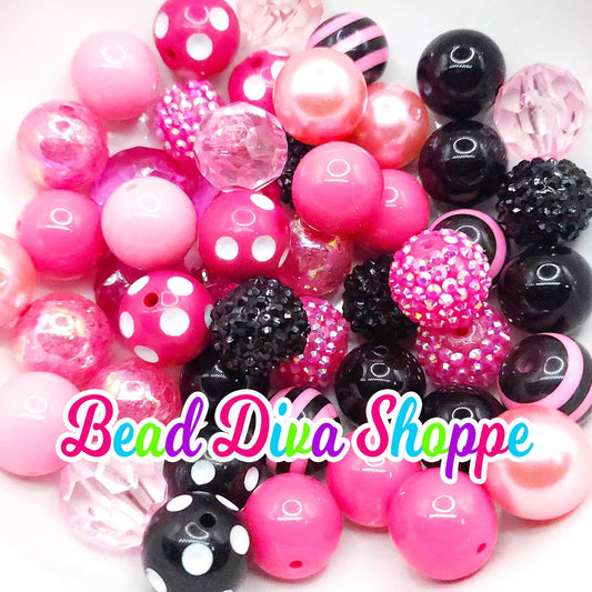 Set of 24 - 20mm -  Hot PINK / PINK / BLACK / White - Bead Mix - Bubblegum - Round Acrylic Beads for Diy and Jewelry Making Supplies