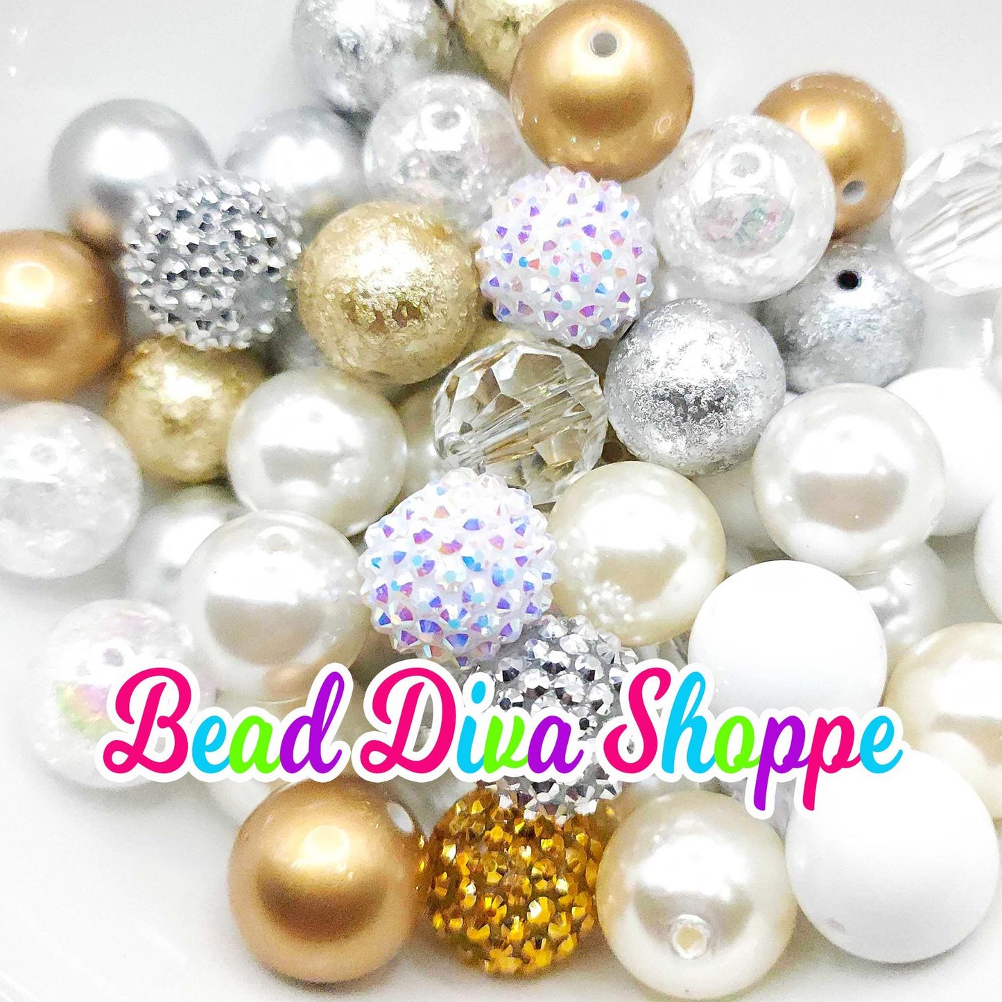 Set of 24 - 20mm - GOLD / SILVER / WHITE - Bead Mix - Bubblegum - Round Acrylic Beads for Diy and Jewelry Making Supplies