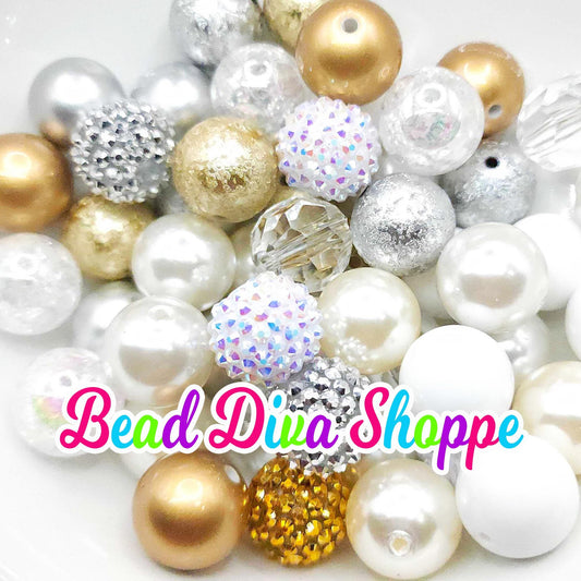 Set of 24 - 20mm - GOLD / SILVER / WHITE - Bead Mix - Bubblegum - Round Acrylic Beads for Diy and Jewelry Making Supplies