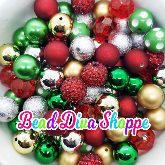 Set of 24 - 20mm - GREEN / SILVER / RED -  Mix - Bead Lot -  Bead Mix - Bubblegum - Round Acrylic Beads for Diy and Jewelry Making Supplies