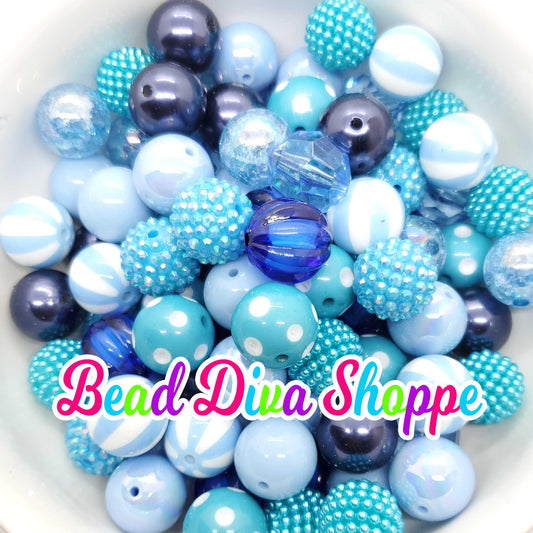 20mm - BLUE / NAVY / WHITE -  Mix - Bead Lot -  Bead Mix - Bubblegum - Round Acrylic Beads for Diy and Jewelry Making Supplies