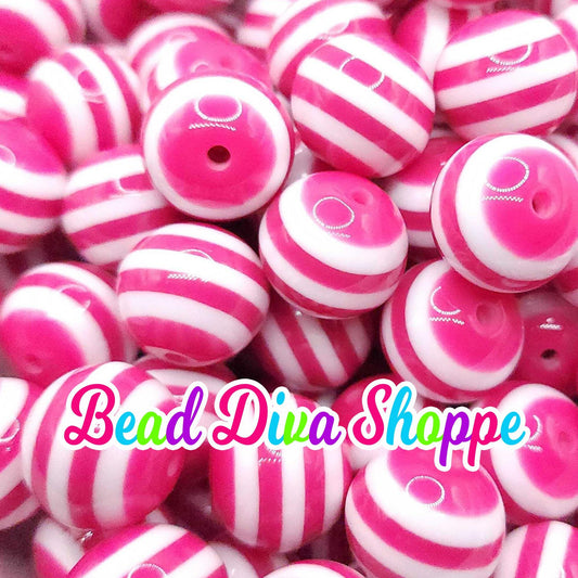 20mm - HOT PINK / WHITE Stripes - Bubblegum Beads - Round Acrylic Beads for Diy and Jewelry Making Supplies