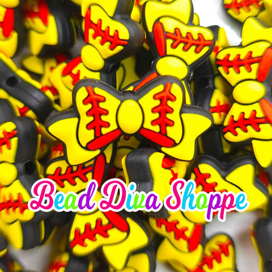 Set of 2 - 14mm X 27mm - SOFTBALL BOW - Focal  Beads - DIY Jewelry Making - Beaded Pens - Keychains - Bracelets