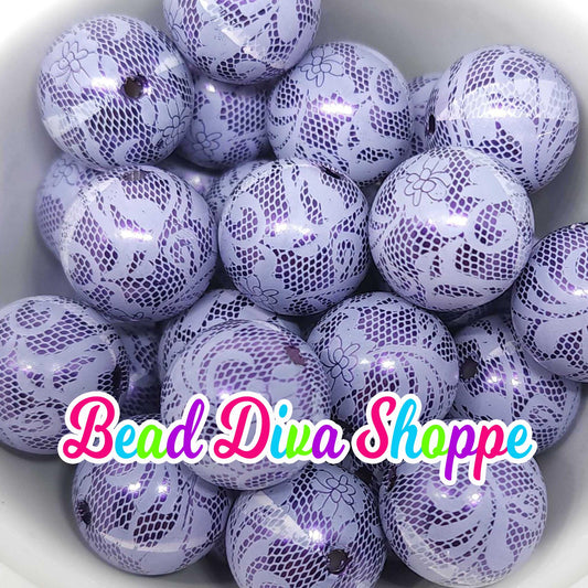 20mm - PURPLE with WHITE Lace Print Beads - Bubblegum - Round Acrylic Beads for Diy and Jewelry Making Supplies