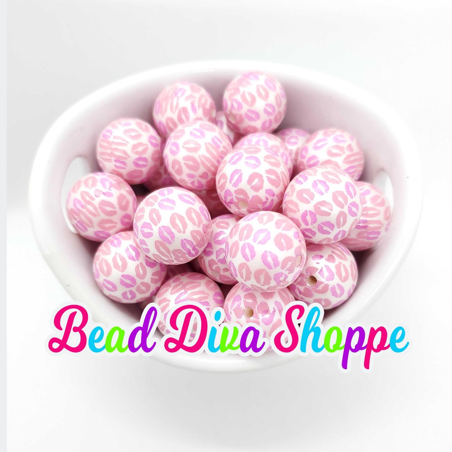 20mm - PINK KISSES Print Beads - Bubblegum - Round Acrylic Beads for Diy and Jewelry Making Supplies