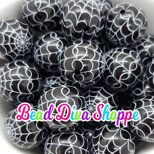 20mm - SPIDER WEB Print Beads - HALLOWEEN - Bubblegum - Round Acrylic Beads for Diy and Jewelry Making Supplies